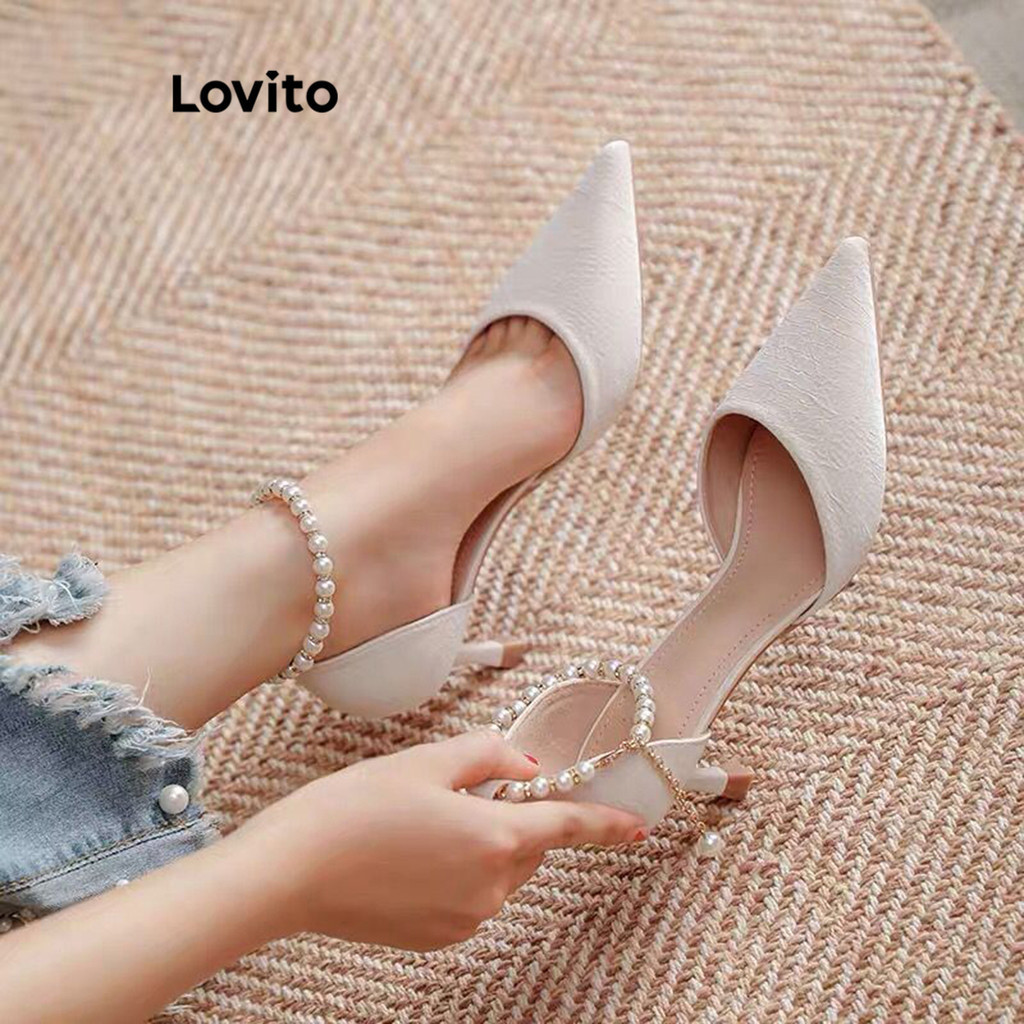 Lovito Elegante fivela simples pérolas sapatos pontiagudos saltos estilo francês para mulheres LFA28032