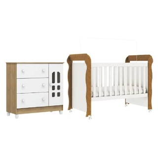 Dormitório Infantil Carolina Baby Berço Americano Mini Cama 2 em 1 Com Rodízios e Cômoda Para Quarto Bebê Helena Branco / Madeirado