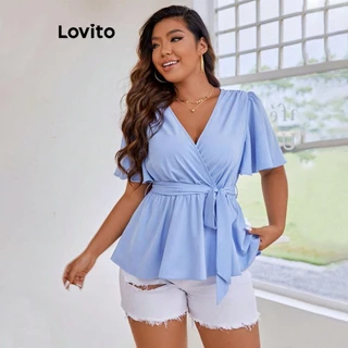 Lovito Blusa feminina plus size curva casual lisa com babados e renda LNE74120