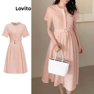 Lovito Vestido básico elegante com cinto e botão para mulheres L100MD252