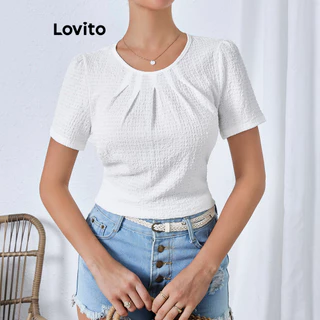 Lovito Camiseta feminina casual lisa plissada em jacquard LBL16285