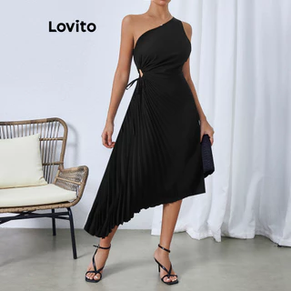 Lovito Vestido elegante simples plissado de ombro frio para mulheres LBL16447
