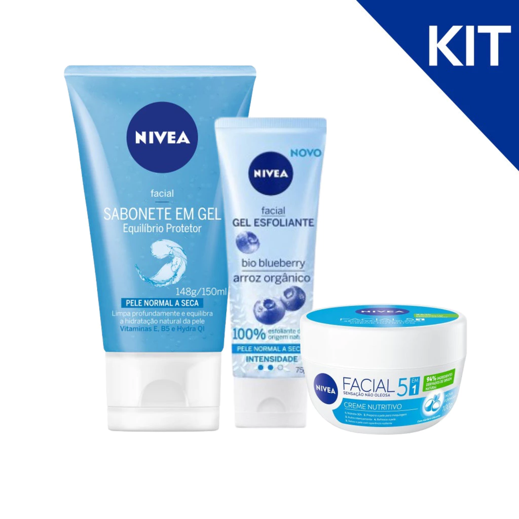 KIT NIVEA Facial Creme Nutritivo 100g + Gel Esfoliante 75g + Sabonete Gel Equilíbrio Nutritivo 150ml