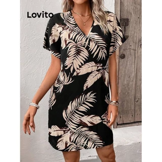 Lovito Vestido com estampa de plantas boho para mulheres LNL79244