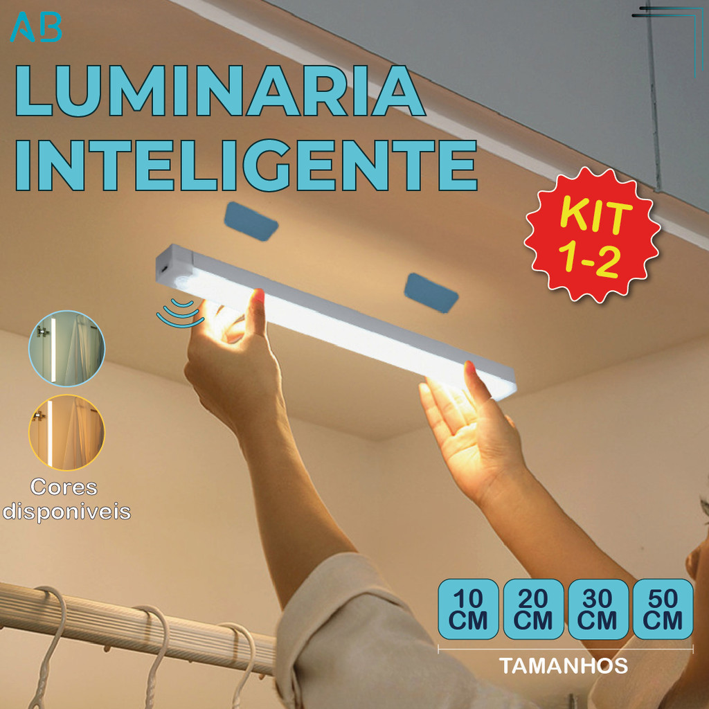 Kit 2 Smart Luminária Inteligente Ultra LED com sensor de movimento sem fio e Recarregável USB fino barra 10/20/30/50cm