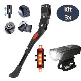 kit Descanso Lateral Pezinho Bike Regulagem Aro 20 À 29 Alumínio + Lanterna e Farol Bicicleta