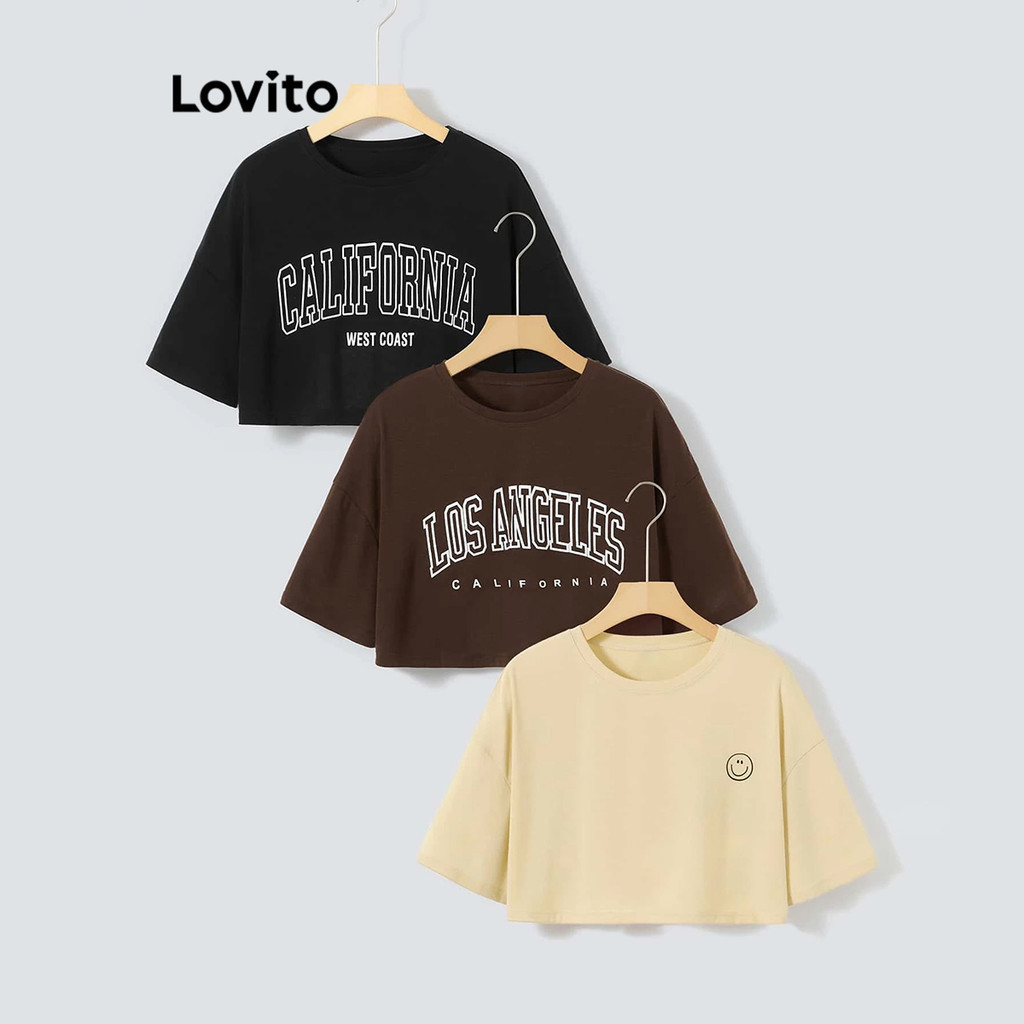 Lovito Casual Camiseta Crop Geométrica para Mulheres L74ED237
