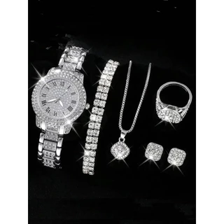 Conjunto De Cinco Peças Transfronteiriças Femininas De Relógio De Pulso Feminino De Quartzo Romano Incrustado Com Diamantes