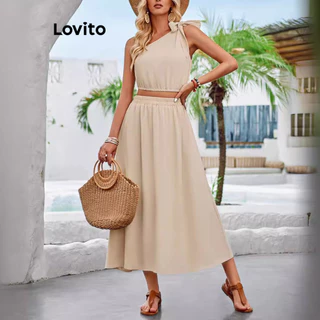 Lovito Conjuntos elegantes de saia de ombro frio com laço liso para mulheres LNL74308