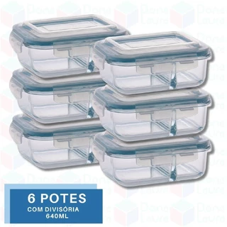 6 Pote 640ml de Vidro Hermético com Divisoria p/ Marmita Airfryer
