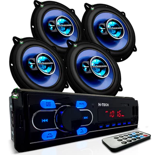 Kit Som Automotivo Rádio Mp3 + 2 Pares Alto Falante Triaxial 5 Pol 100w