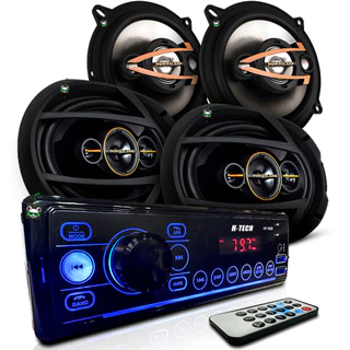 Kit Rádio Mp3 Som Automotivo + Par Alto Falante Quadriaxial 5 Pol 160w e 6x9 Pol 260w