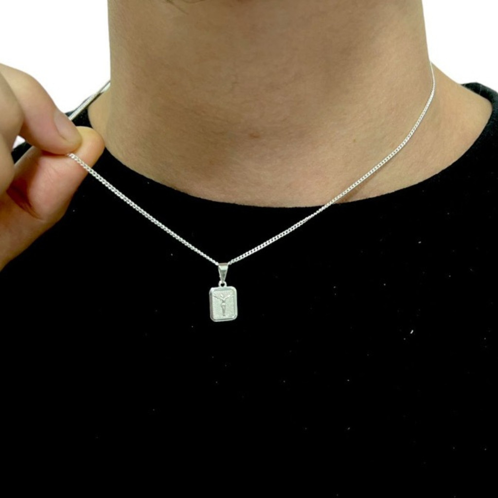 Correntinha Prata 925 Masculina Curta + Pingente Cristo Retangular Banhado A Prata 925