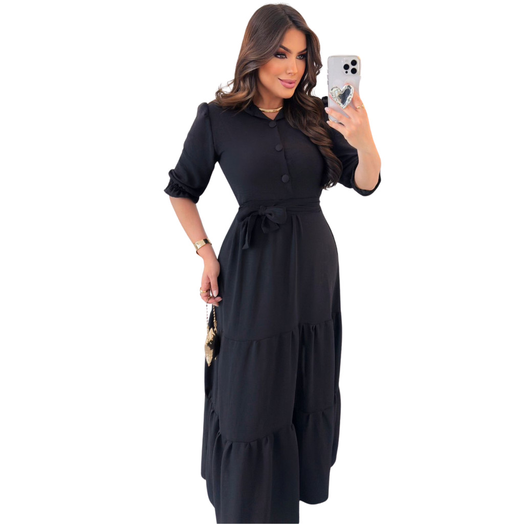 Vestido Alfaiataria Evangélico Com Babado Preto Botões e Gola Moda Uma Forma Starndard Size Average