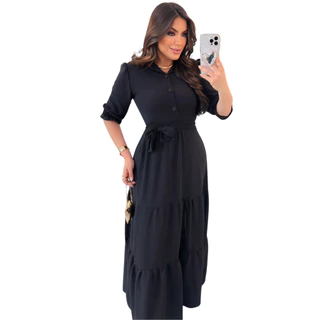 Vestido Alfaiataria Evangélico Com Babado Preto Botões e Gola Moda Uma Forma Starndard Size Average