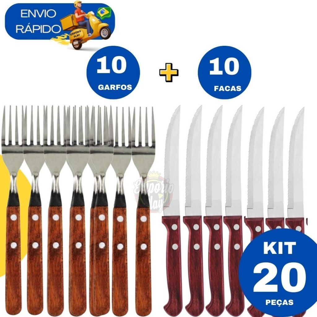 Kit 20 Peças Jogo de Talher 10 Garfo 10 Faca de Inox com Cabo de ...
