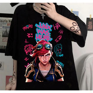 Camiseta Violet Vi Jinx Estava Aqui Arcane League of Legends 100% Algodão Unissex