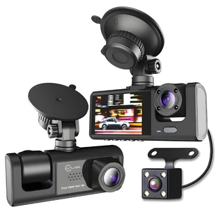 Câmera Veicular Full HD 1080p 3 Lentes (Frontal + Interna + Traseira) com Tela LCD | DVR Automotivo com Visão Noturna