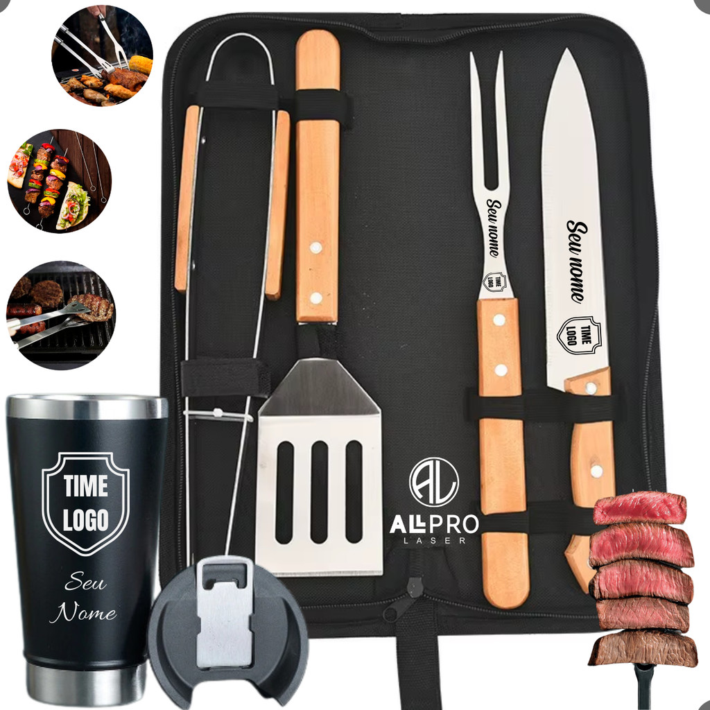 Kit Churrasco Bambu / Inox 4 Peças + Copo Térmico – Personalizado a Laser