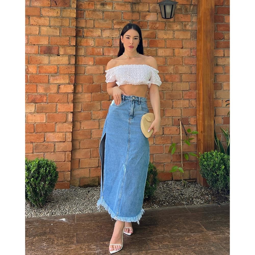 Saia Feminina Saia Jeans Mais Comprida Atras Di Gaspi Roupas