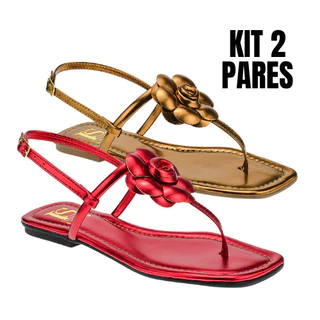 KIT 2 Pares Sandália de Flor Metalizada com Traseiro Ajustável Saltinho Baixo Rasteira 033-100
