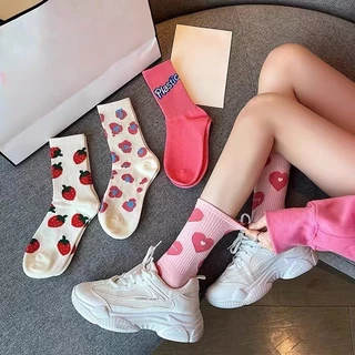 4 Pares Meias Femininas de Tubo Longo Meias Femininas de Tubo Longo Padrão de Amor Padrão de Morango Meias Estudantis Estilo Fofo Primavera Outono Inverno Meias Femininas de Moda Longa Casual