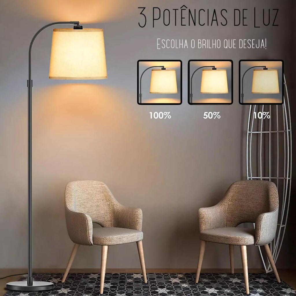 Luminária Chão 1,7m Piso Arco Lustre Metal 3 Niveis De LuZ