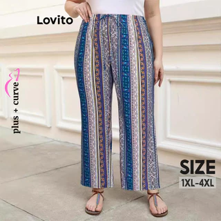 Lovito Plus Size Curva Casual Impressão Listrada Calças para Mulheres LNL74178