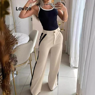 Lovito Conjuntos elegantes de calças com encadernação em contraste simples para mulheres LNL67157