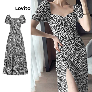 Lovito Vestido elegante geométrico franzido com frente dividida com padrão para mulheres L100MD322