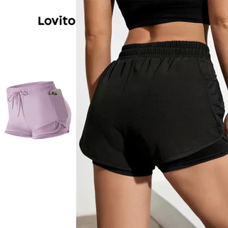 Lovito Shorts esportivos lisos com bolso frontal e gravata esportiva para mulheres LNL77213