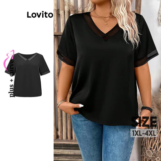 Lovito Blusa plus size elegante de malha lisa e contrastante para mulheres LBL16462