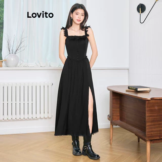 Lovito Vestido casual liso com babados no pescoço para mulheres L102AD326
