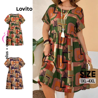 Lovito Vestido Boho Geométrico Ruched Plus Size para Mulheres LBL16480(Multicolorido)