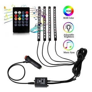 Kit Para Iluminação Interior Carro Luz Led Rgb Com Controle Sensor Rítmico 12v 4 Faixas de Luz