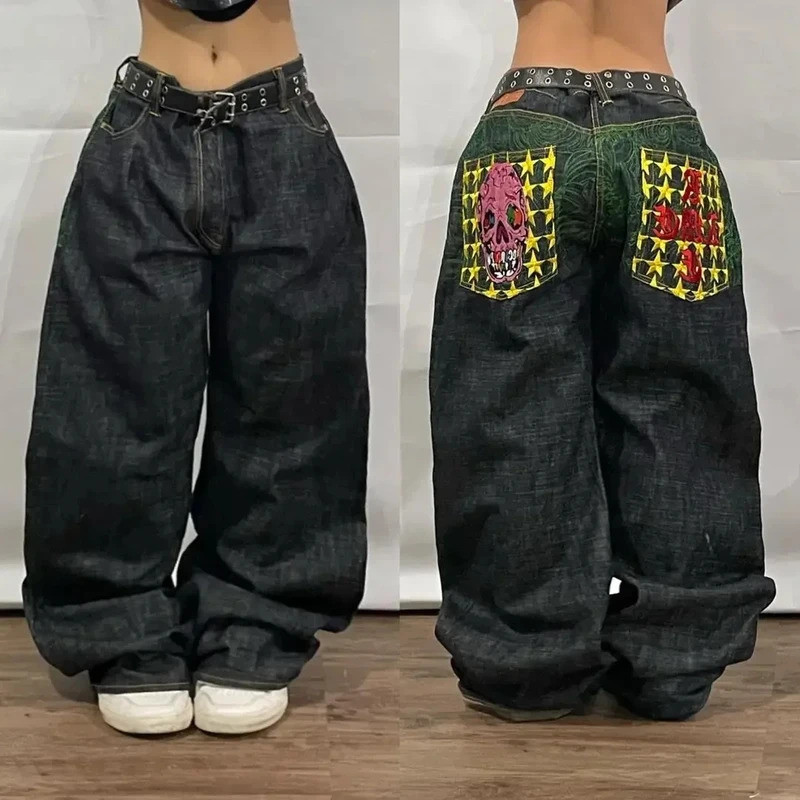 Y2K New PROTECT Jeans Carta Bordado Lavado Azul Jeans Baggy Homens