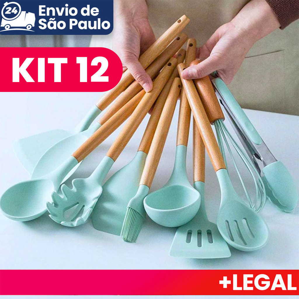 Jogo Kit Colheres de silicone cabo de madeira 12 peças utensílios cozinha