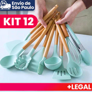 Jogo Kit Colheres de silicone cabo de madeira 12 peças utensílios cozinha