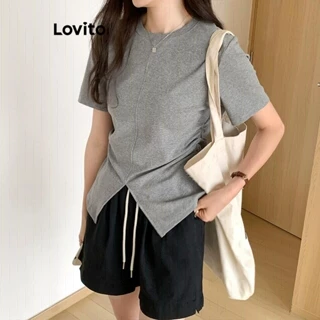 Lovito Camiseta casual lisa dividida para mulheres LNE73690