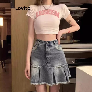Lovito Saia jeans vintage com estrutura simples e botão lavado para mulheres LNE74361