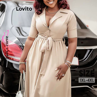 Lovito Vestido feminino plus size curvo elegante com cinto liso LNL67151