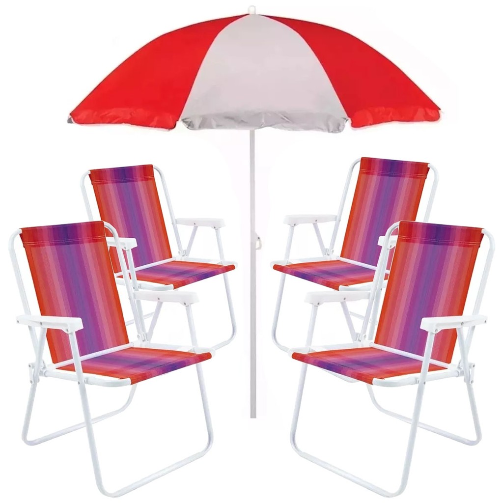 Kit 4 Cadeiras Altas Aço Suporta 110kg Dobrável Praia Camping + Guarda Sol Vermelho Verão Mor