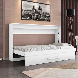 Cama De Parede Dobrável Solteiro Horizontal Branco Brilho Framar