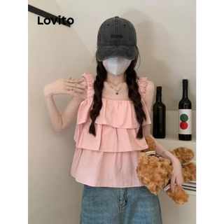 Lovito Regata casual com babados lisos para mulheres LNE74598