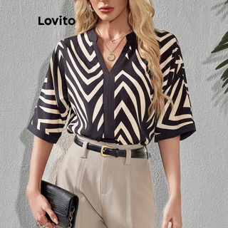 Lovito Blusa casual com costura em tecido geométrico para mulheres LBL16600