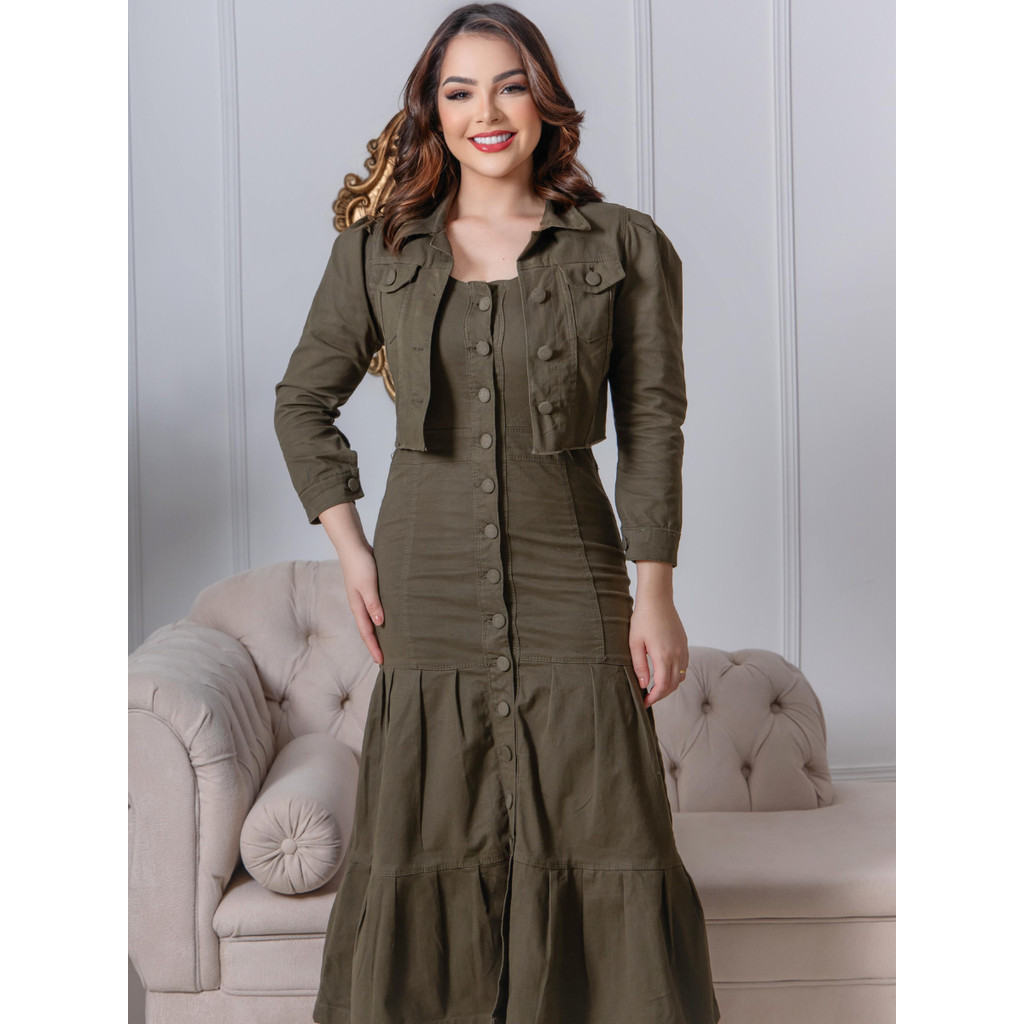 Jaqueta Jeans Feminina Longa Com Vestido Conjunto Feminino Vestido