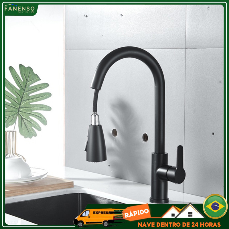 Torneira cozinha monocomando pull down com extensor arejador preta ou aço escovado