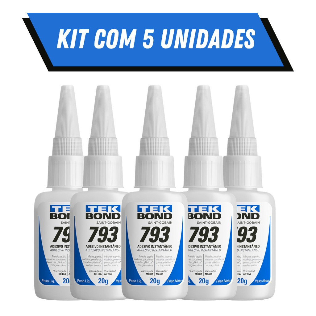 Kit Cola Instantânea Tek Bond 793 20g / Unha Para Postiça/Fibra e Pedrarias Bico Fino / Fácil Aplicação / Super Forte