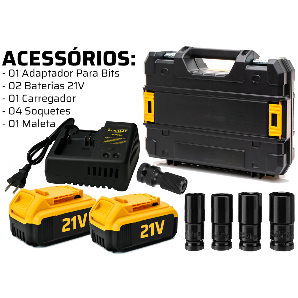 Kit Chave De Impacto 21v Brushless + Baterias E Soquetes Gorillaz