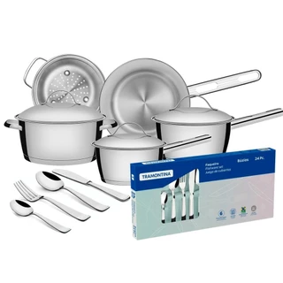 Jogo de Panelas Tramontina Allegra Inox e Indução 5pçs com Faqueiro Tramontina Búzios 24pç Aço Inox em Oferta na Shopee